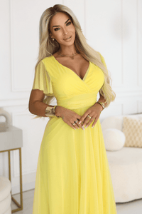 vestido de cerimónia comprido amarelo com tule BeStylish
