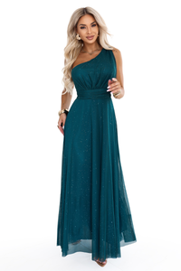 Vestido de gala comprido verde garrafa com brilho e com ombro à mostra BeStylish