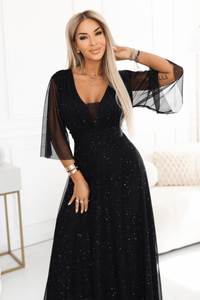 vestido de cerimónia comprido preto brilhante plus size BeStylish