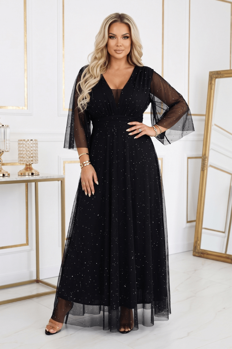 vestido de cerimónia comprido preto brilhante plus size BeStylish