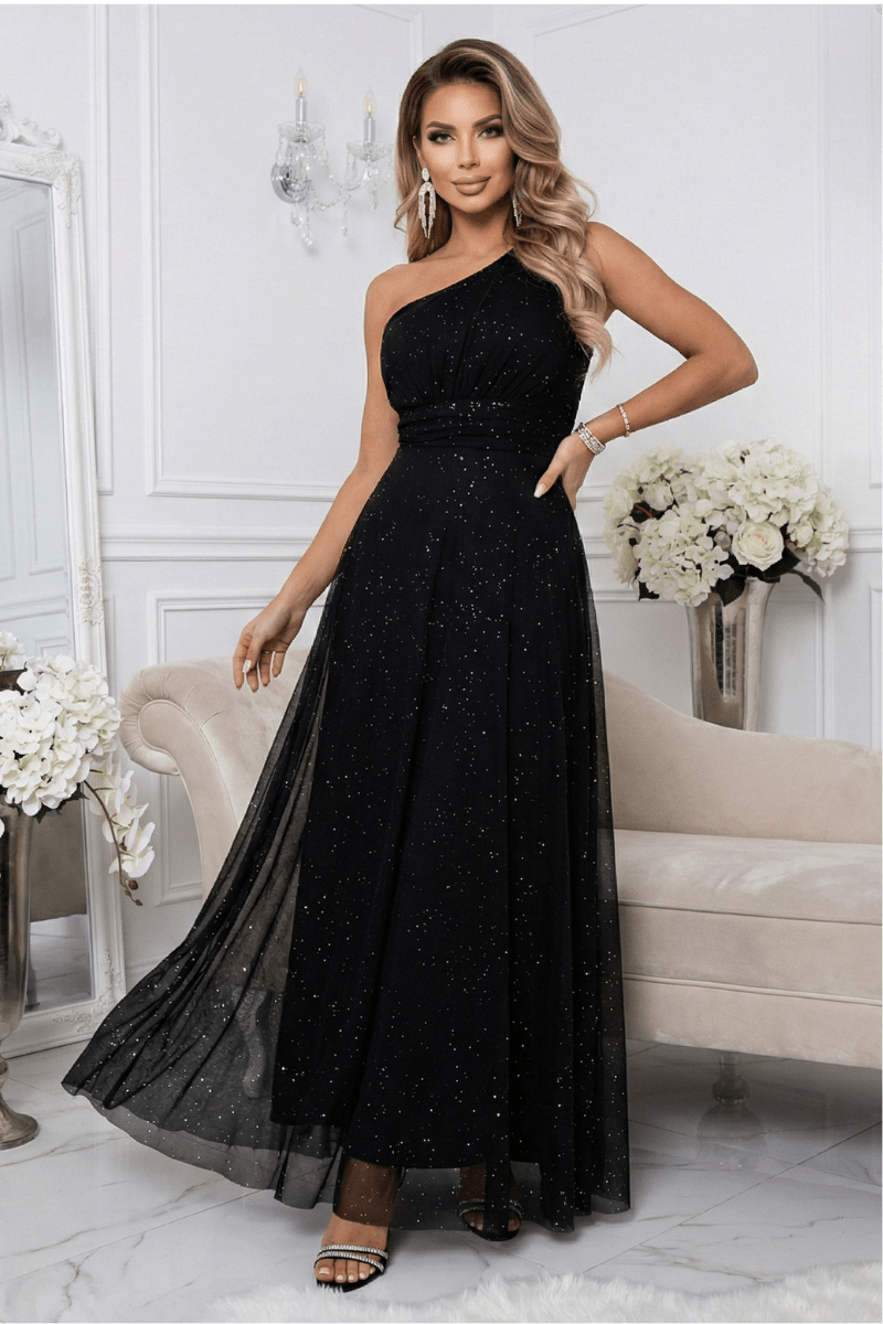 Vestido de gala comprido preto com brilho e com ombro à mostra BeStylish 