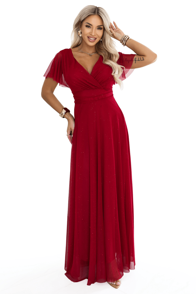 Vestido de festa comprido com brilho e tulle bordeaux BeStylish