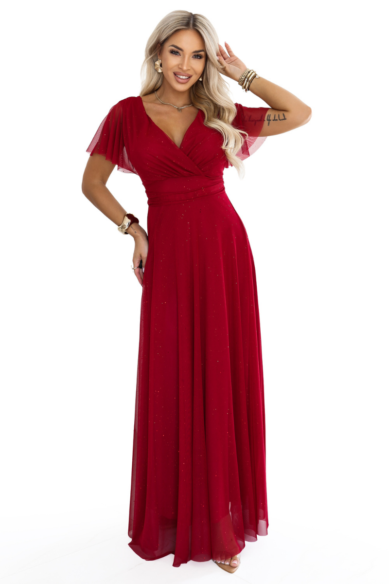 Vestido de festa comprido com brilho e tulle bordeaux BeStylish