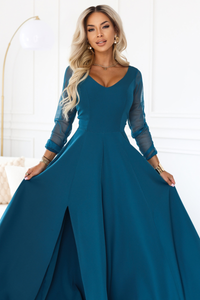 vestido de cerimónia comprido verde água com mangas transparentes BeStylish