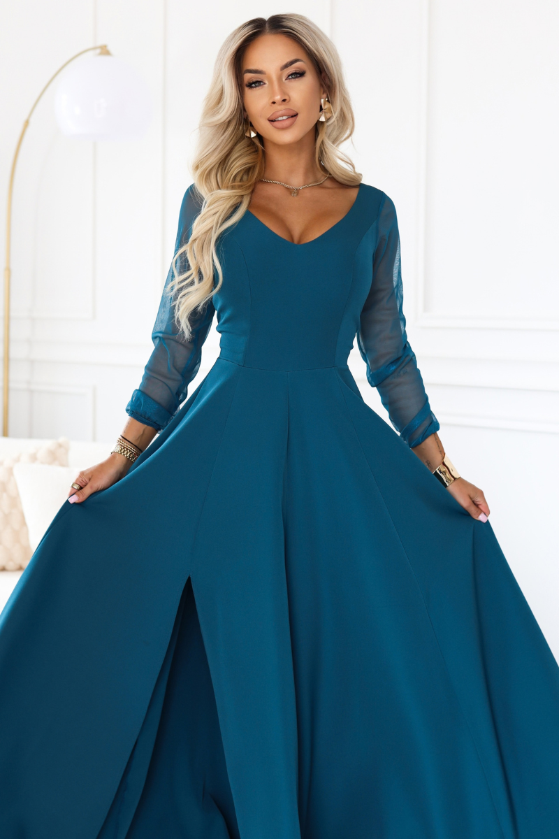 vestido de cerimónia comprido verde água com mangas transparentes BeStylish