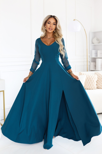 vestido de cerimónia comprido verde água com mangas transparentes BeStylish