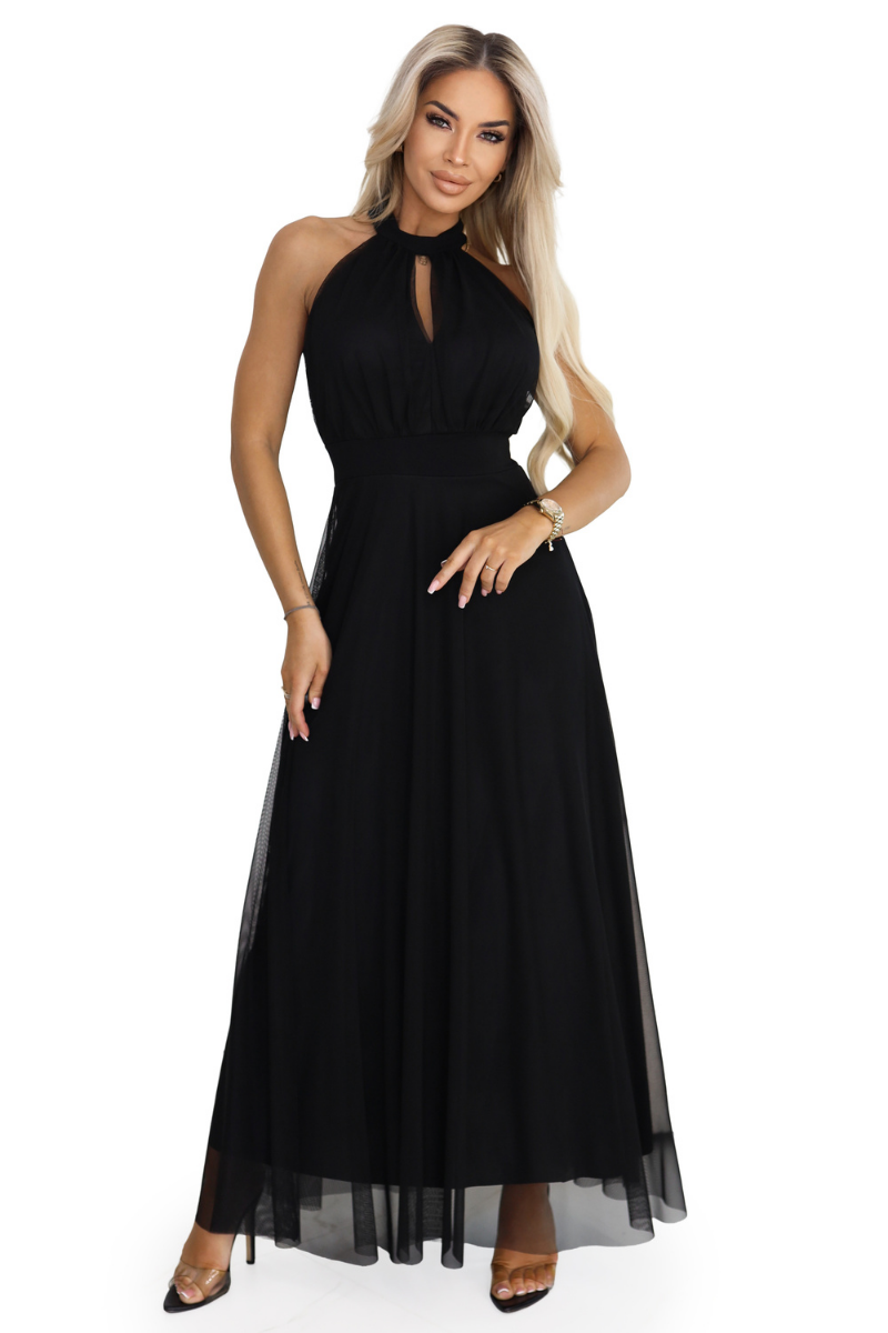 vestido de festa comprido preto com decote halter BeStylish 