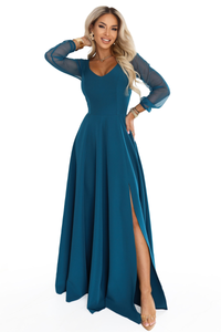 vestido de cerimónia comprido verde água com mangas transparentes BeStylish