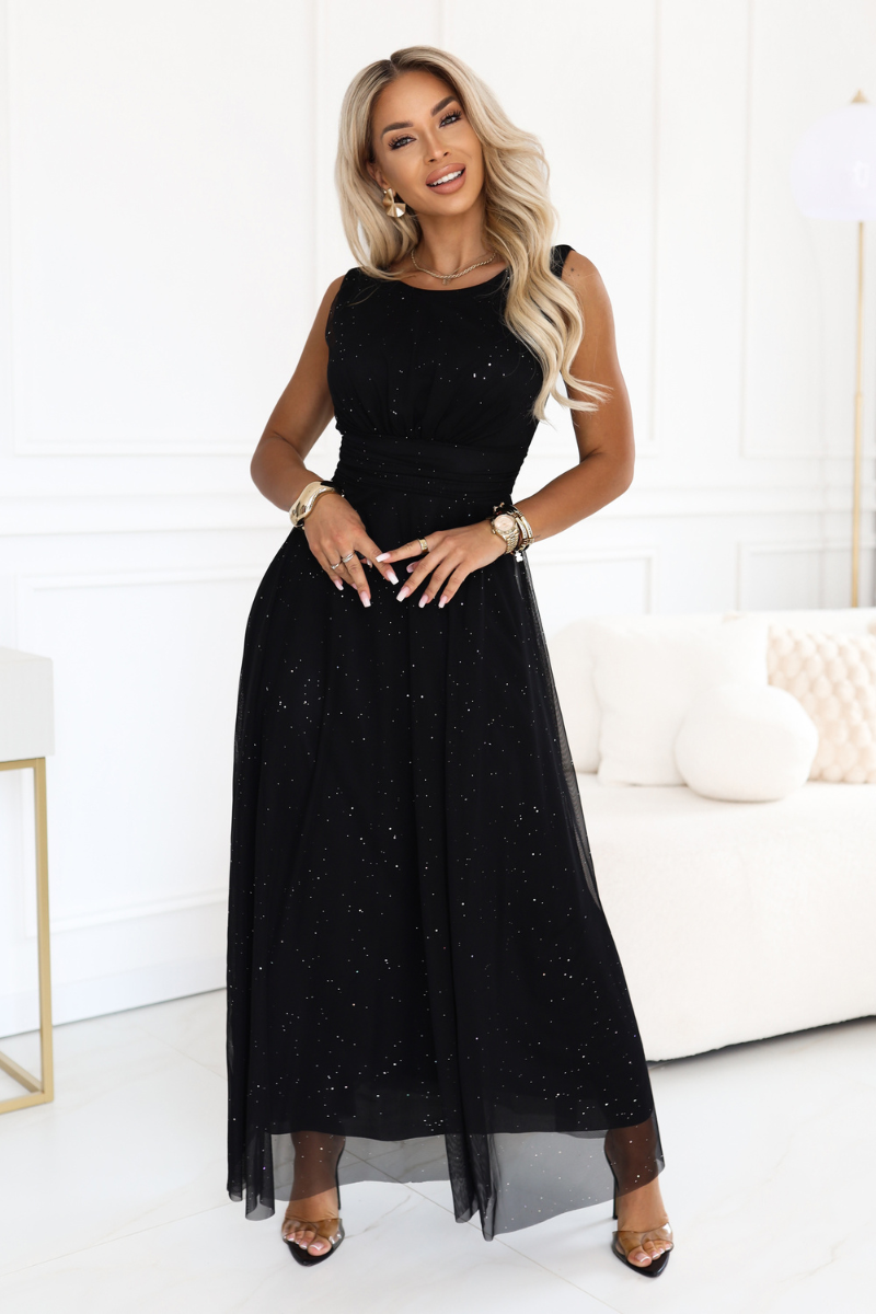 vestido de cerimónia comprido preto em tulle brilhante BeStylish