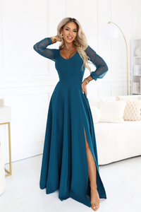 vestido de cerimónia comprido verde água com mangas transparentes BeStylish
