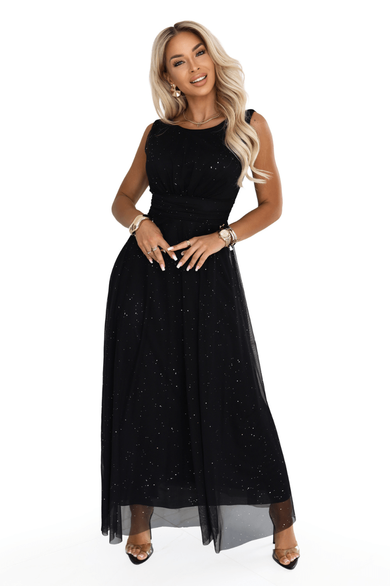 vestido de cerimónia comprido preto em tulle brilhante BeStylish