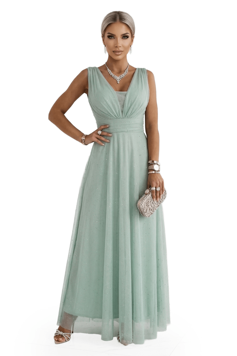 vestido de cerimónia comprido com tule verde pistácio BeStylish