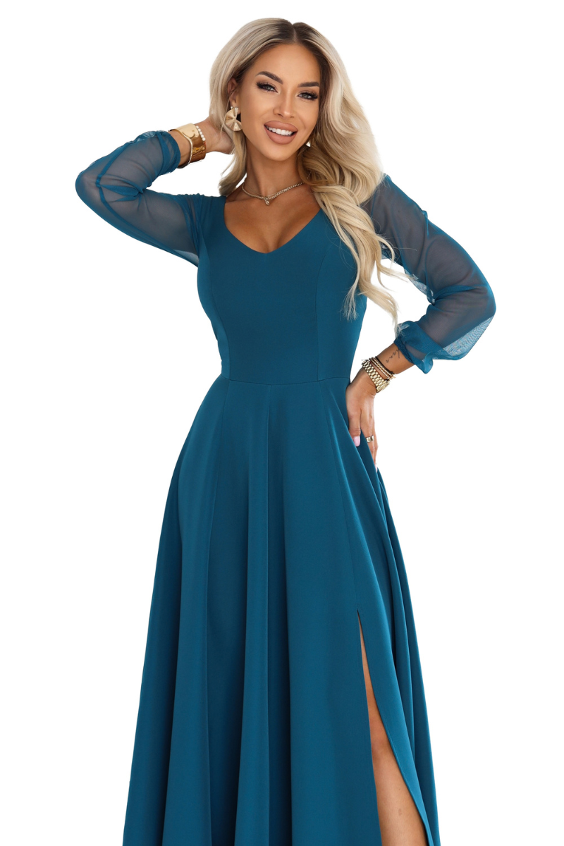 vestido de cerimónia comprido verde água com mangas transparentes BeStylish
