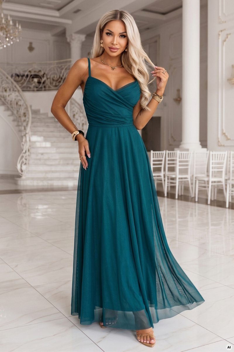 vestido de cerimónia comprido com alças em tulle verde BeStylish