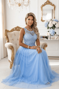 vestido de casamento comprido azul claro com renda e tule BeStylish