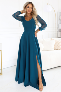 vestido de cerimónia comprido verde água com mangas transparentes BeStylish