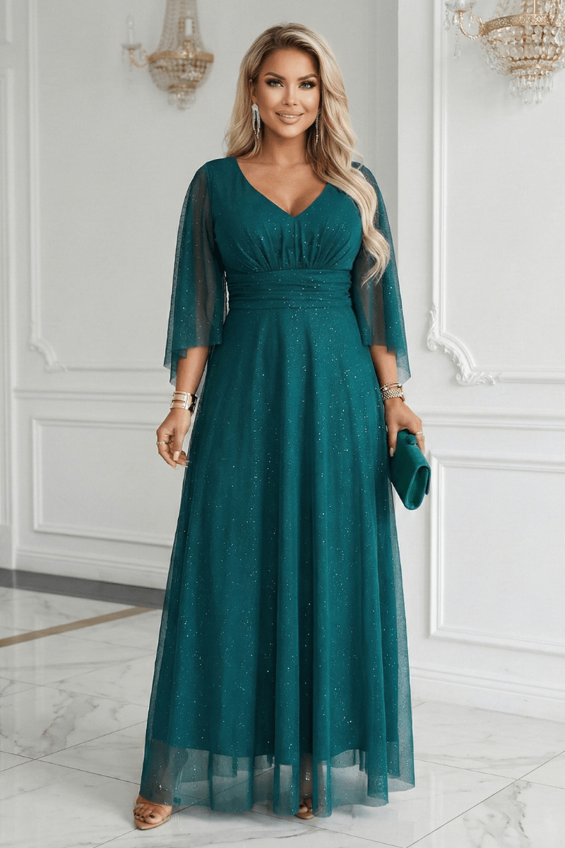 Vestido de festa comprido esmeralda com brilhantes BeStylish