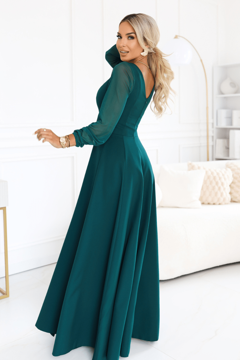 vestido de cerimónia comprido verde com mangas transparentes BeStylish