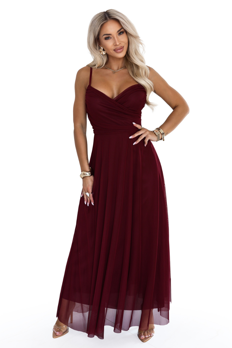 vestido de cerimónia comprido em tulle bordeaux BeStylish