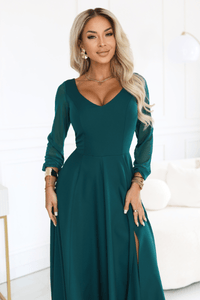 vestido de cerimónia comprido verde com mangas transparentes BeStylish
