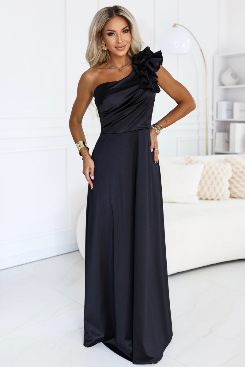 vestido preto de cerimónia comprido em cetim BeStylish 