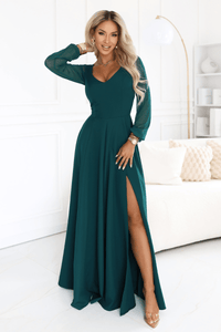 vestido de cerimónia comprido verde com mangas transparentes BeStylish