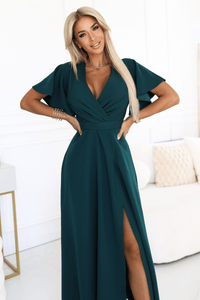 vestido de cerimónia comprido verde escuro com racha BeStylish 
