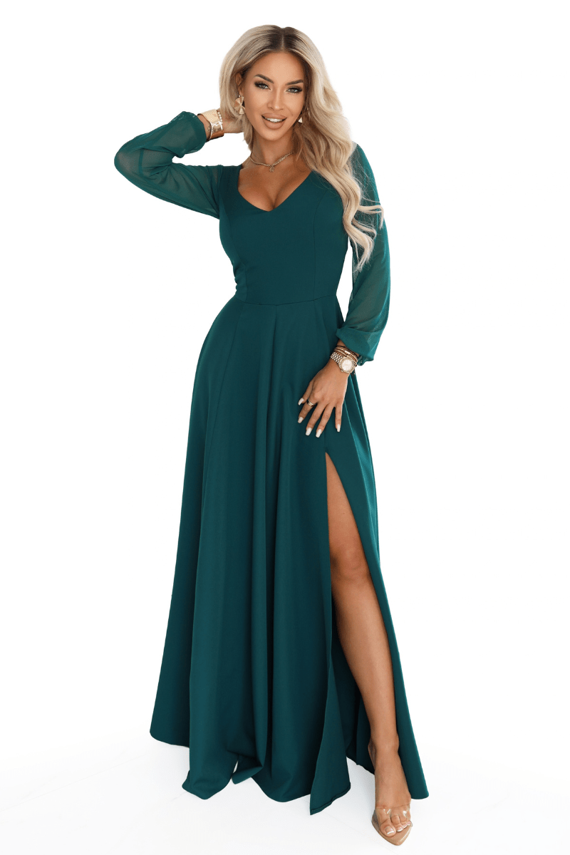 vestido de cerimónia comprido verde com mangas transparentes BeStylish