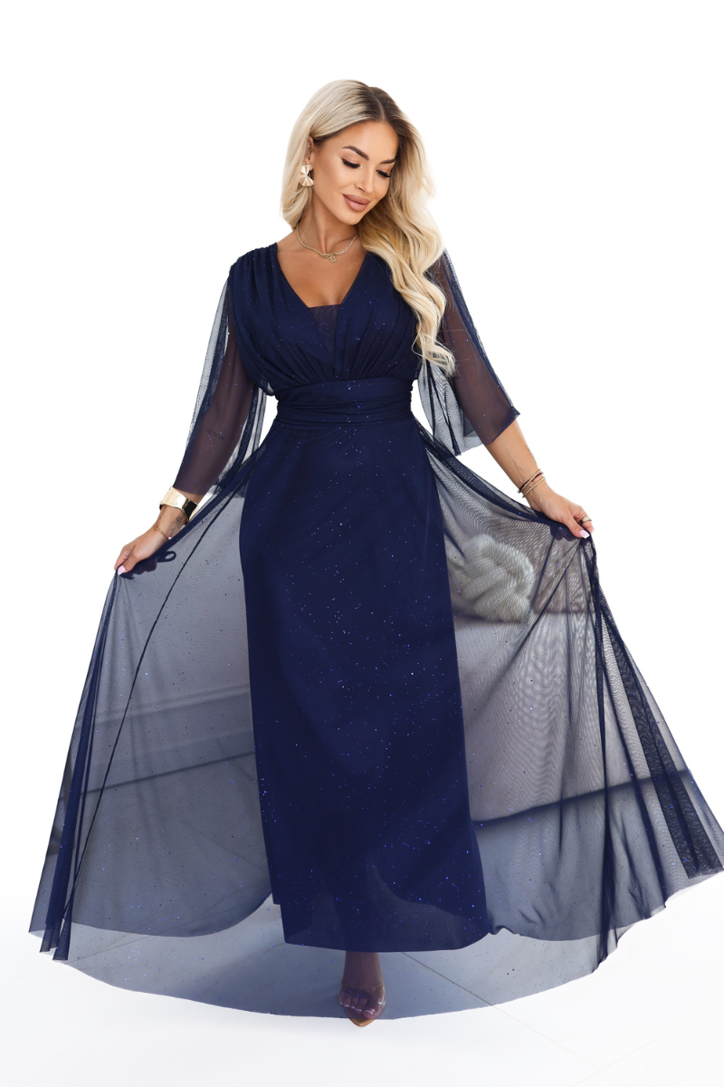 vestido de cerimónia comprido azul marinho brilhante plus size BeStylish