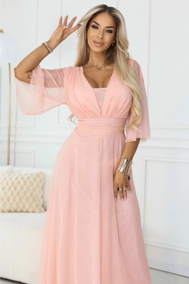 Vestido de cerimónia comprido pêssego plus size BeStylish 