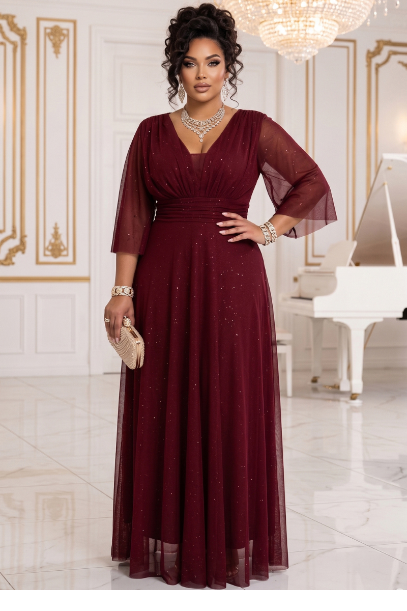 vestido de cerimónia comprido bordeaux brilhante plus size BeStylish