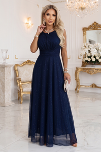 vestido de cerimónia comprido em tulle azul marinho BeStylish