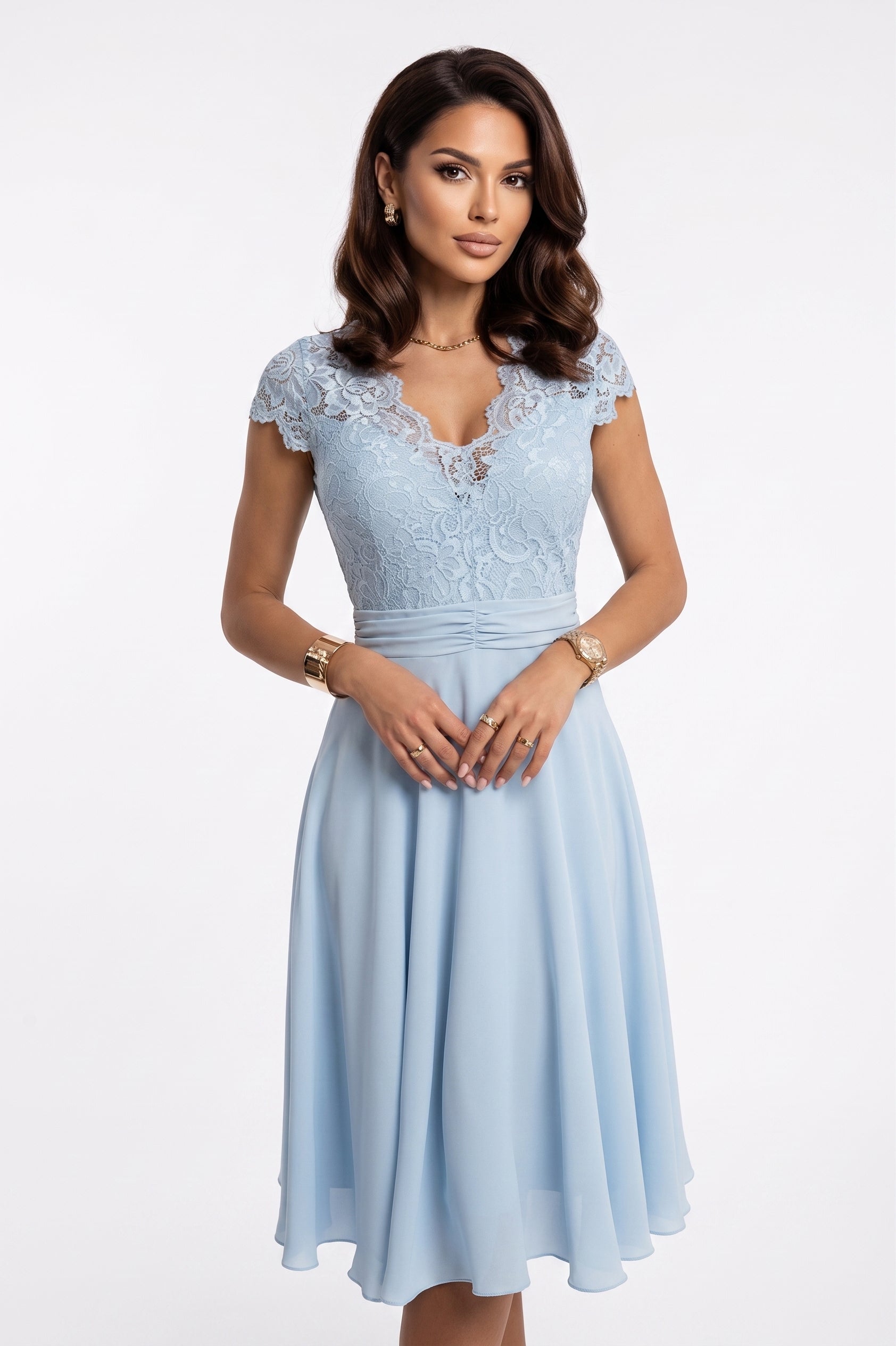 Vestido de cerimónia em chiffon com renda azul claro BeStylish