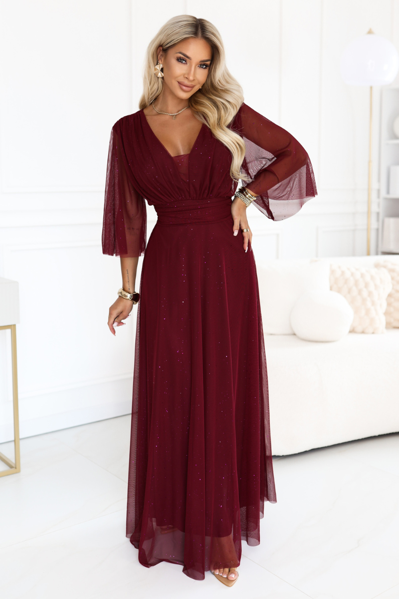 vestido de cerimónia comprido bordeaux brilhante plus size BeStylish