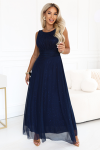 vestido de cerimónia comprido em tulle azul marinho BeStylish
