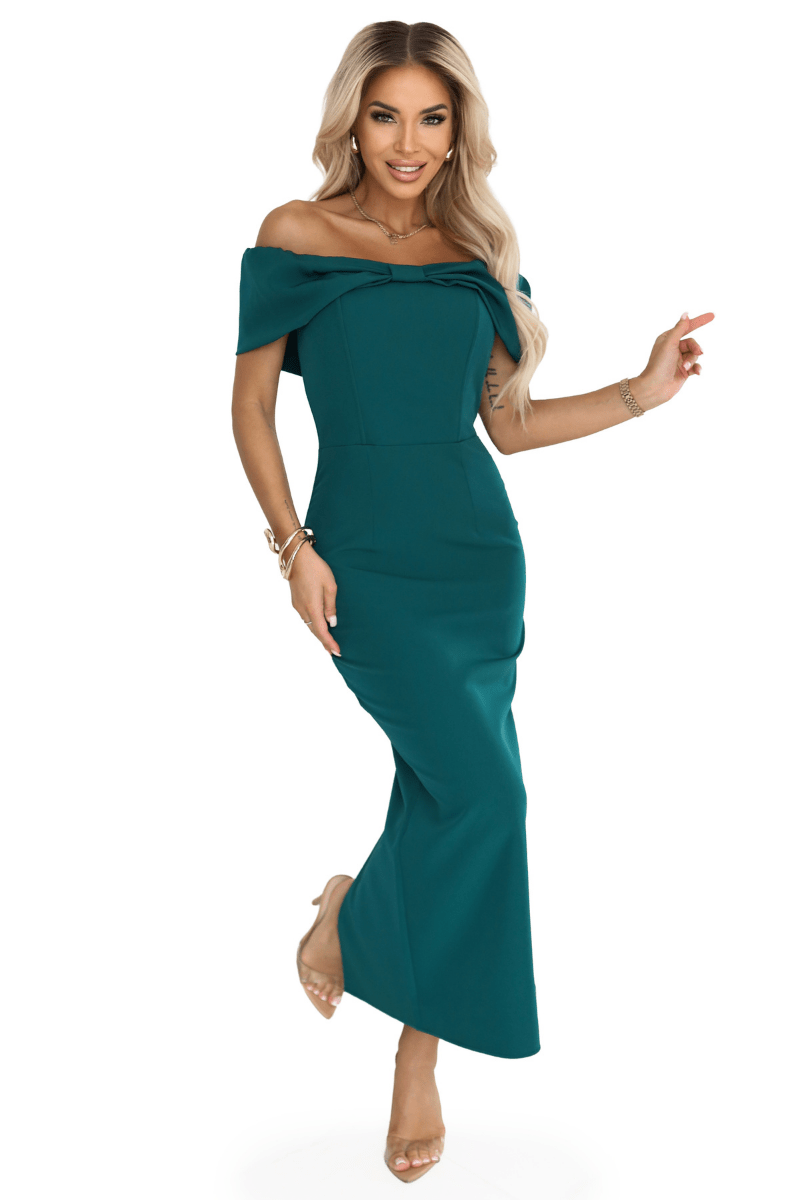 vestido de cerimónia comprido verde com ombros à mostra BeStylish 