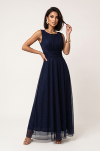 vestido de cerimónia comprido em tulle brilhante azul marinho BeStylish
