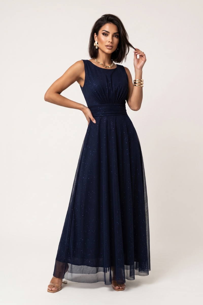 vestido de cerimónia comprido em tulle brilhante azul marinho BeStylish