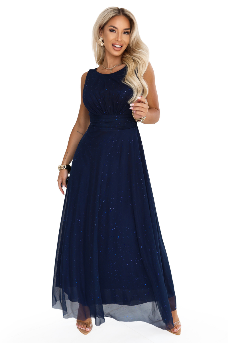 vestido de cerimónia comprido em tulle azul marinho BeStylish