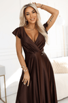 Vestido de cerimónia comprido em cetim castanho chocolate BeStylish
