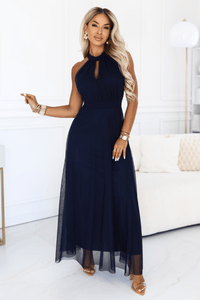 vestido de festa comprido azul marinho com decote halter BeStylish 