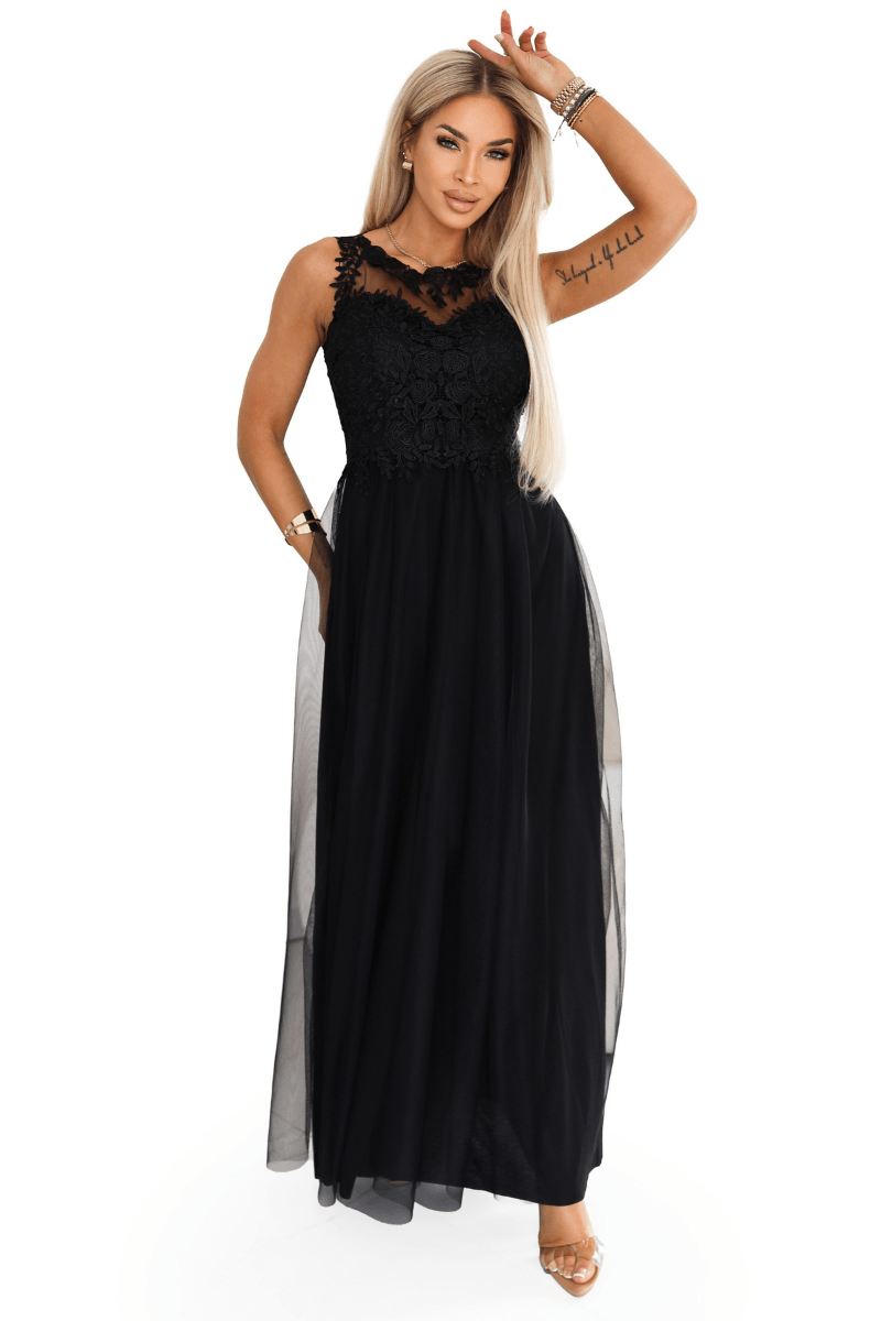 vestido de casamento comprido preto com renda e tule BeStylish