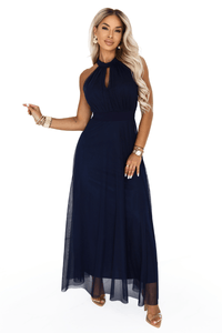 vestido de festa comprido azul marinho com decote halter BeStylish 