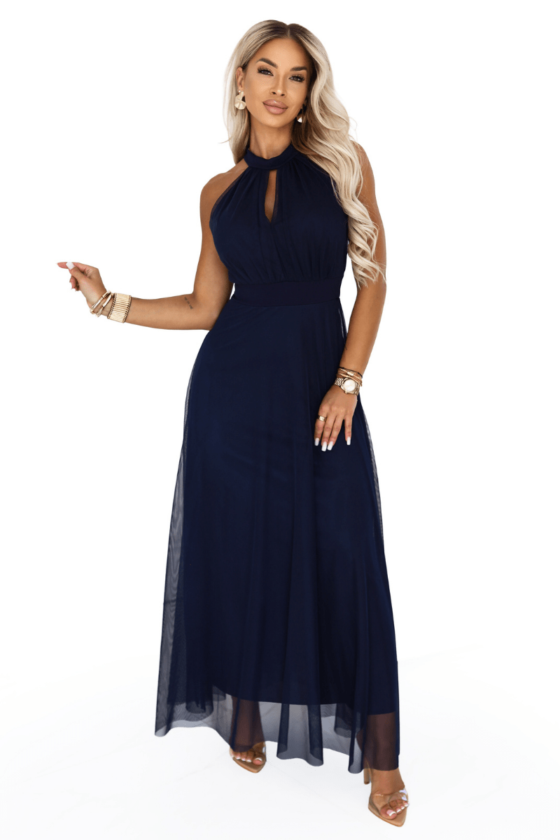 vestido de festa comprido azul marinho com decote halter BeStylish 