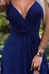 Vestido de cerimonia comprido com alças brilhante azul navy BeStylish