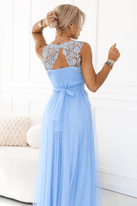 vestido de casamento comprido azul claro com renda e tule BeStylish