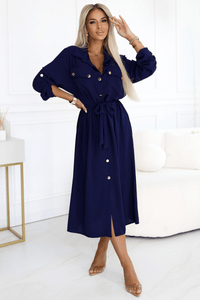 Vestido comprido azul navy estilo camisa BeStylish