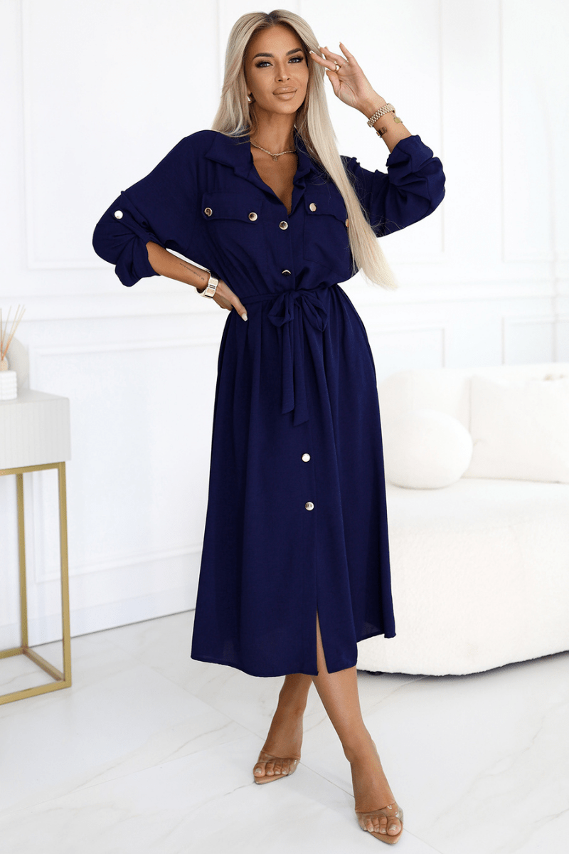 Vestido comprido azul navy estilo camisa BeStylish