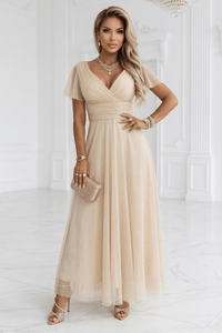 Vestido de festa comprido com brilho e tulle bege BeStylish