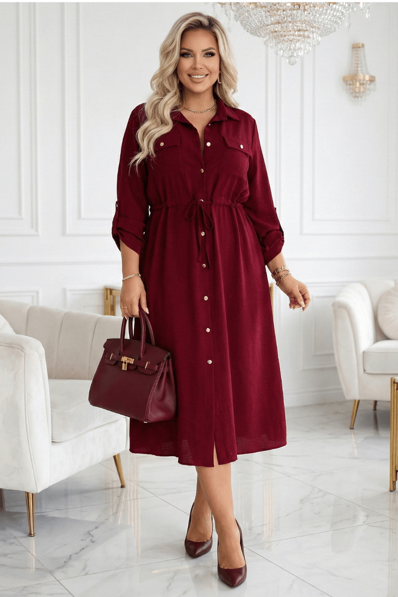 vestido comprido bordeaux estilo camisa BeStylish
